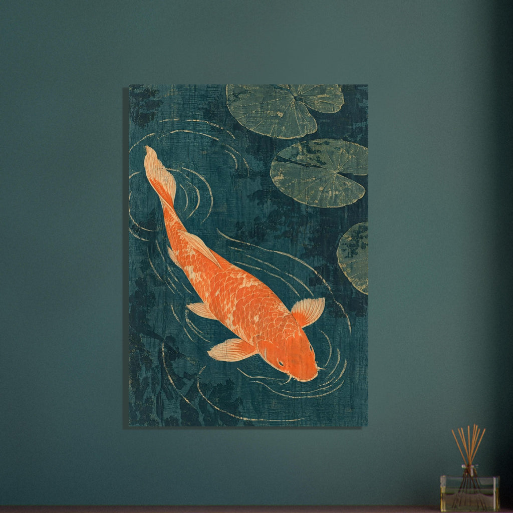 Orange koi fish swimming through dark teal water with cream ripple lines, green lily pads and a distressed texture.