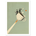 Two figures perched on a flying cream teacup with floating envelopes and a diagonal trail against sage green.