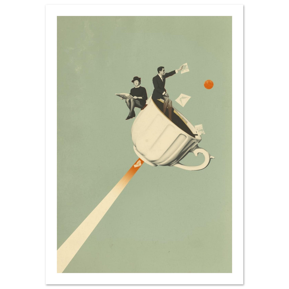Two figures perched on a flying cream teacup with floating envelopes and a diagonal trail against sage green.