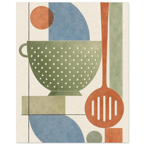 Green colander and terracotta slotted spoon with blue curves, geometric blocks and thin black lines on a cream background.