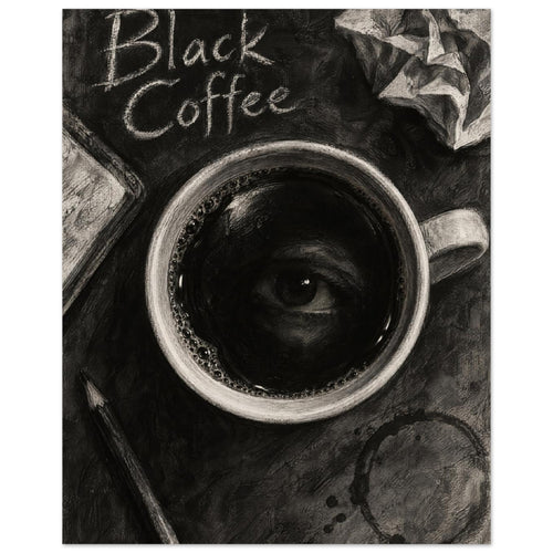 Coffee cup with an eye in its dark surface, ‘Black Coffee’ lettering, a pencil, crumpled paper and a cup stain.