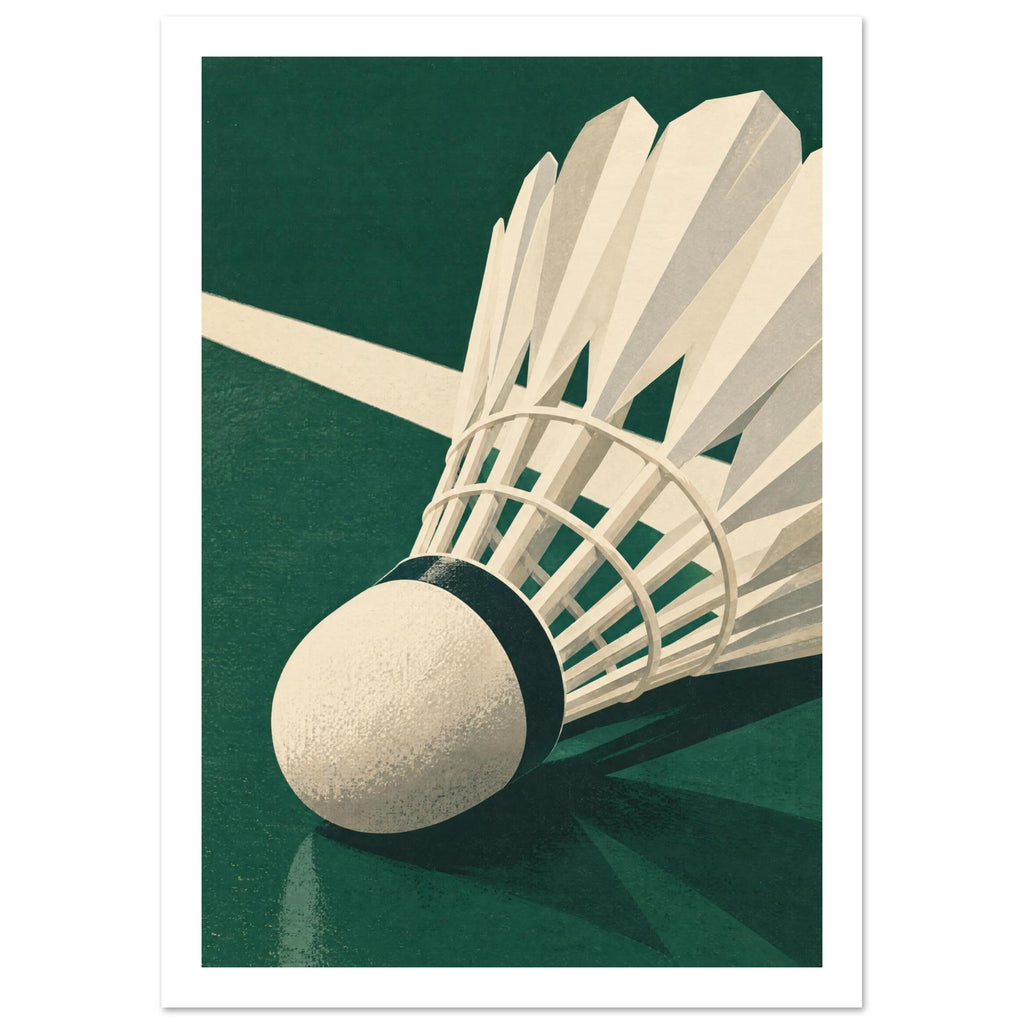 Vit fjäderboll på sidan i närbild på en skogsgrön badmintonbana med en vit linje bakom.