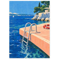 Swimming ladder descending from a peach platform into blue sea, with a red lifebuoy, sailboat and tree-lined stone terrace.
