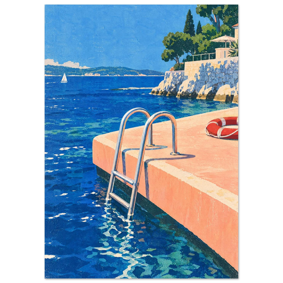 Swimming ladder descending from a peach platform into blue sea, with a red lifebuoy, sailboat and tree-lined stone terrace.