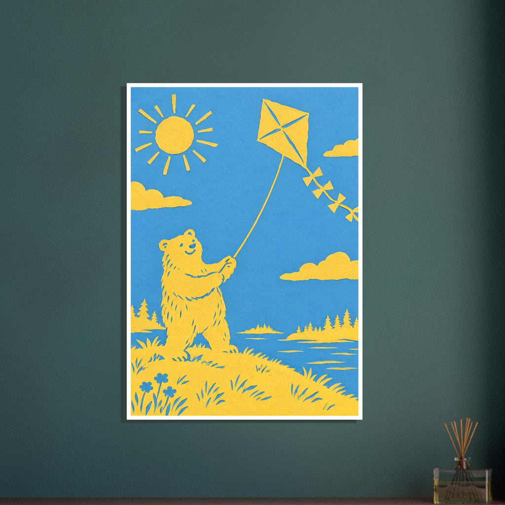 Yellow bear flying a kite beneath a sun and clouds, beside blue water with tree-lined banks, in a paper-cut style.