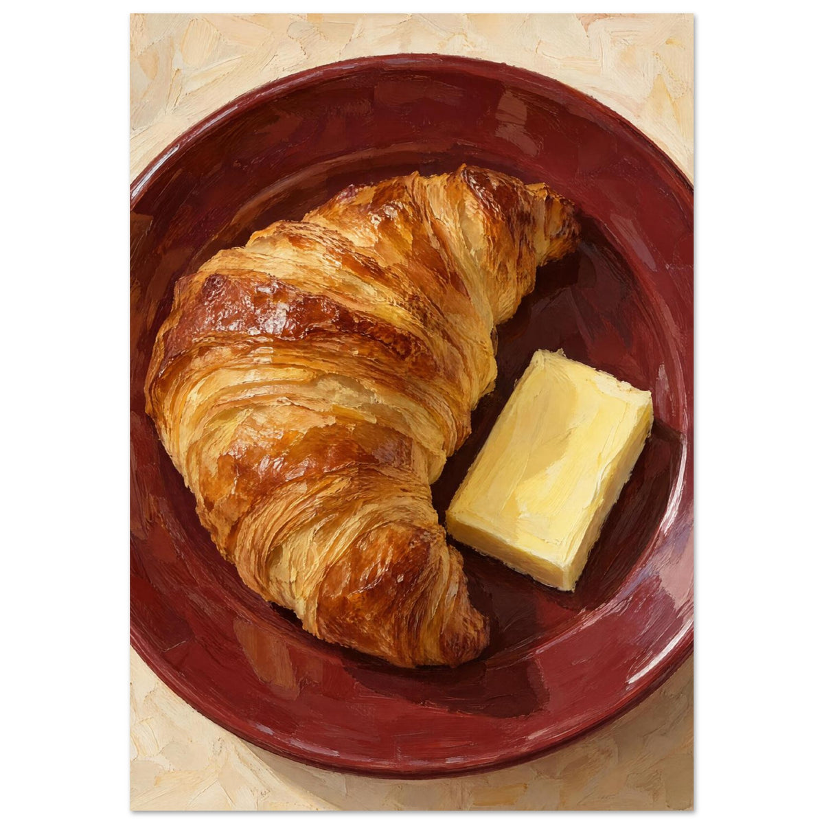 Golden croissant and a rectangular pat of butter on a burgundy plate, painted with textured brushstrokes on cream.