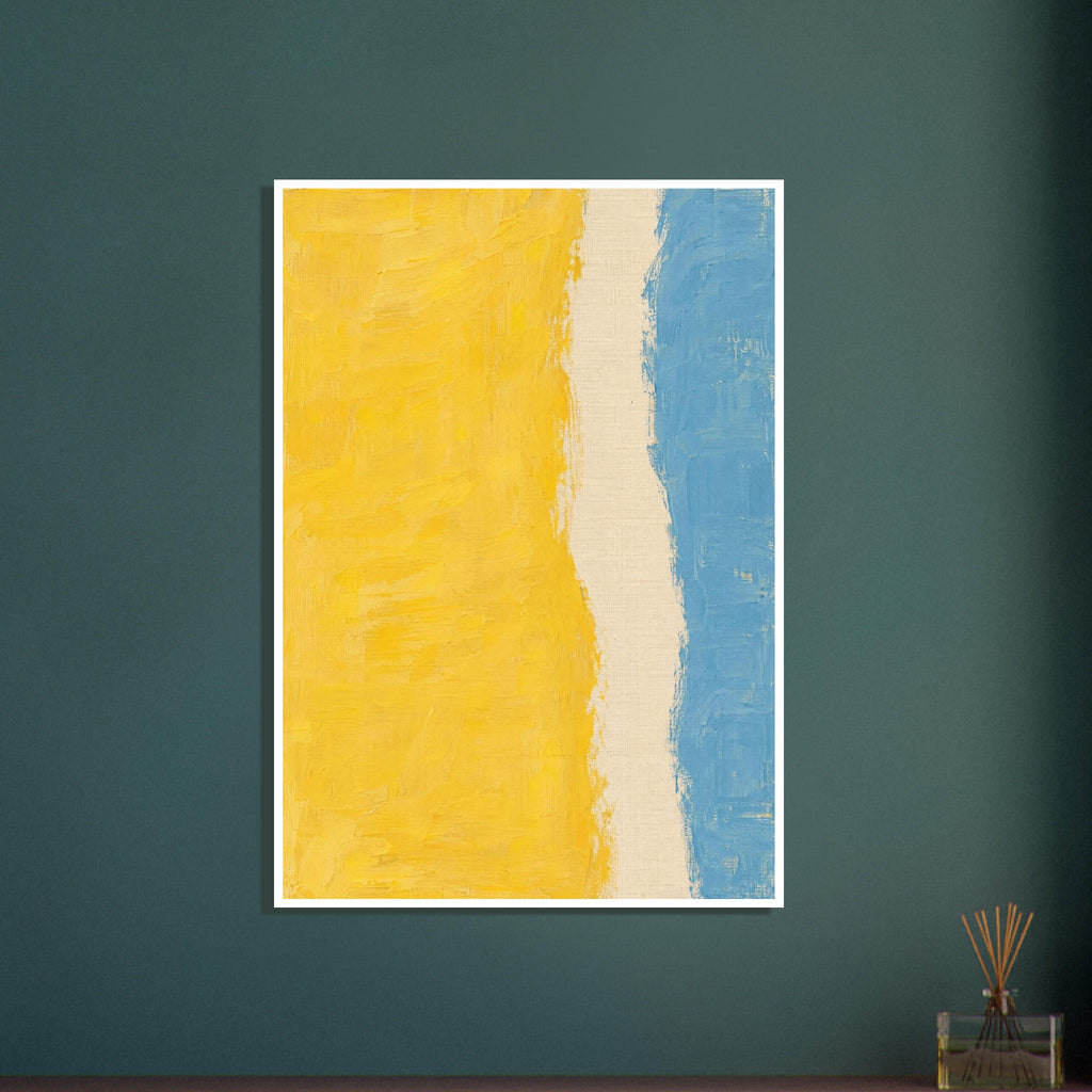 Abstract vertical bands of yellow, cream and blue with uneven edges, visible brushstrokes and a canvas-like texture.