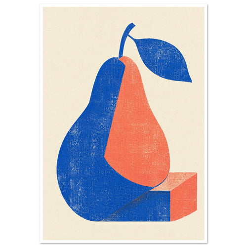 Stylised blue and coral pear with a blue leaf and geometric base, rendered in a distressed texture on cream.