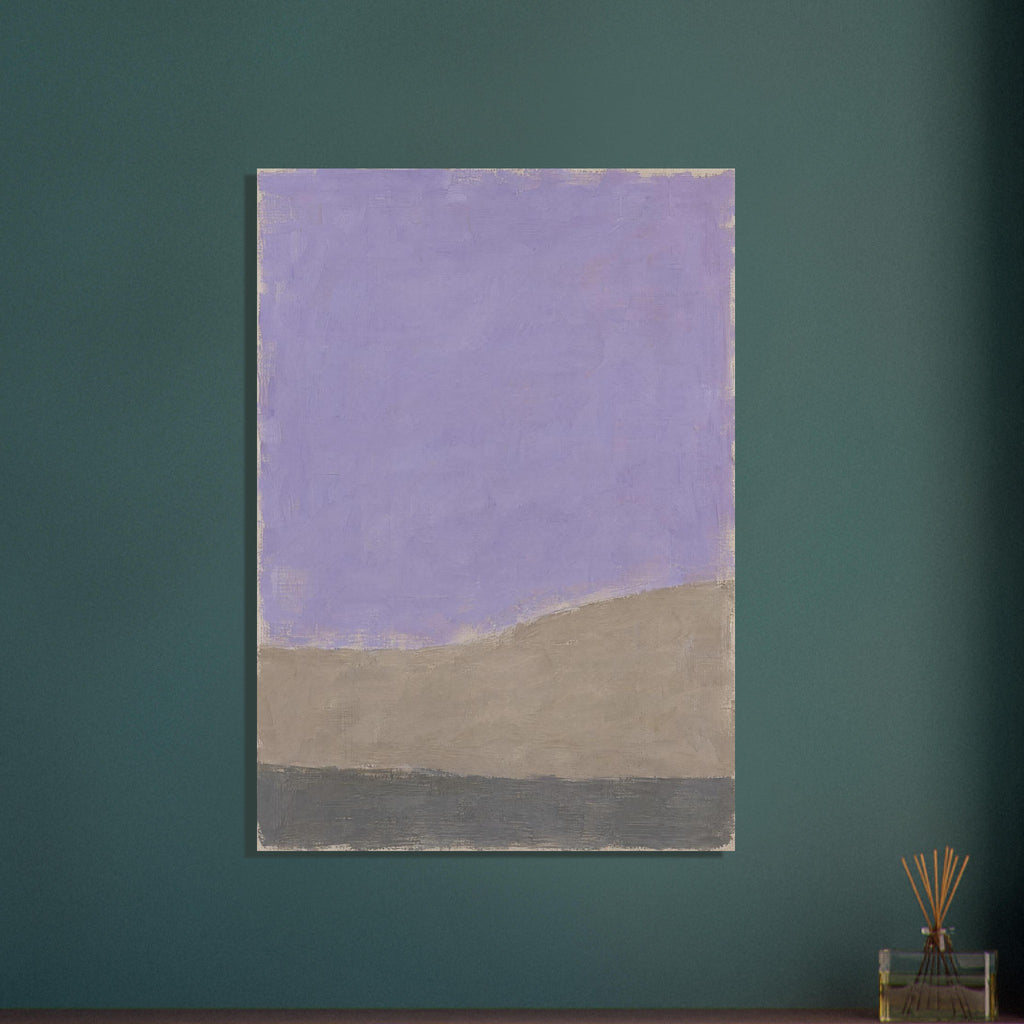 Lilac abstract colour field above uneven taupe and charcoal-grey bands, with visible brush marks and a narrow beige edge.