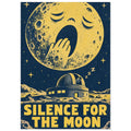Yawning yellow moon above an observatory, with stars and ‘Silence for the Moon’ lettering on a distressed navy background.