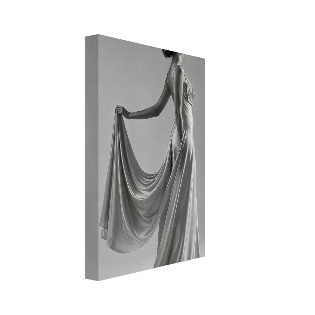 Woman in profile wearing a floor-length gown, holding draped fabric behind her against a plain grey background.