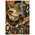 Cubist cappuccino cup, moka pot, spoon and cake slice in earthy colours, with large CAPPUCCINO lettering below.