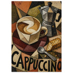 Cubist cappuccino cup, moka pot, spoon and cake slice in earthy colours, with large CAPPUCCINO lettering below.