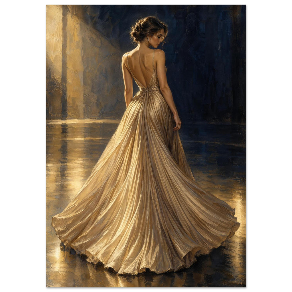 Champagne Pleats depicts a woman from behind in a fan-shaped pleated evening gown, lit from the side against navy.