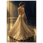 Champagne Pleats depicts a woman from behind in a fan-shaped pleated evening gown, lit from the side against navy.