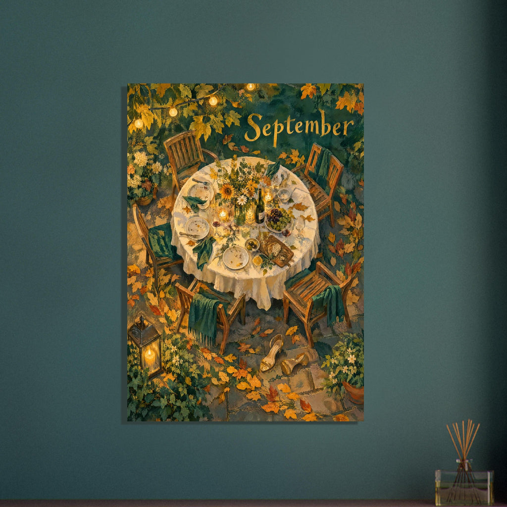 Autumn garden table set with flowers, bread and wine, surrounded by wooden chairs, golden leaves and September lettering.