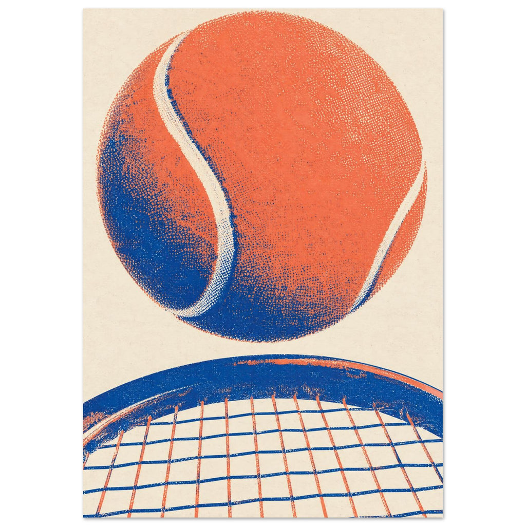 Orange tennis ball with cream seams and blue shading above a cropped blue racket on a textured cream background.