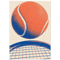 Orange tennis ball with cream seams and blue shading above a cropped blue racket on a textured cream background.