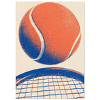 Orange tennis ball with cream seams and blue shading above a cropped blue racket on a textured cream background.