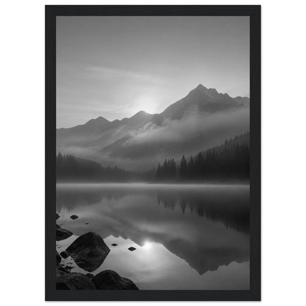 Mountain peaks and conifer forests reflected in a misty lake, with rocks in the foreground, in black and white.