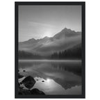 Mountain peaks and conifer forests reflected in a misty lake, with rocks in the foreground, in black and white.
