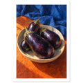 Purple aubergines in a shallow cream bowl on an orange surface, with folded blue fabric and bold visible brushstrokes.