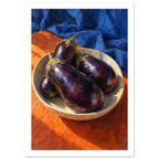 Purple aubergines in a shallow cream bowl on an orange surface, with folded blue fabric and bold visible brushstrokes.