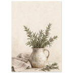 Rosemary in a stoneware jug painted in watercolour, with loose stems and folded linen against a warm ivory background.