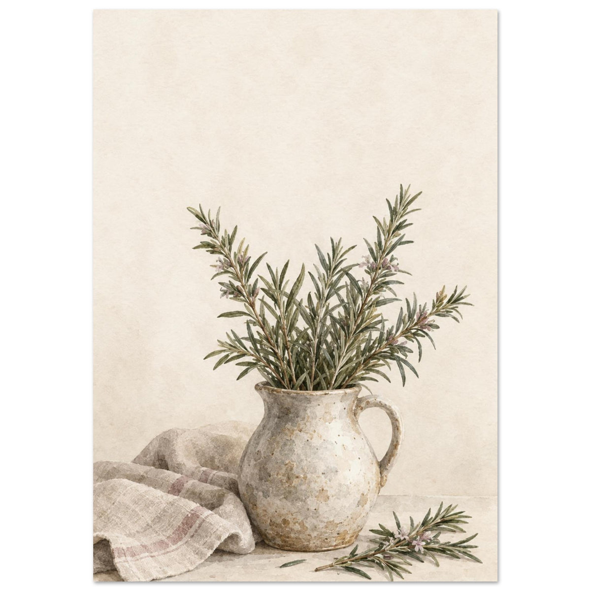 Rosemary in a stoneware jug painted in watercolour, with loose stems and folded linen against a warm ivory background.