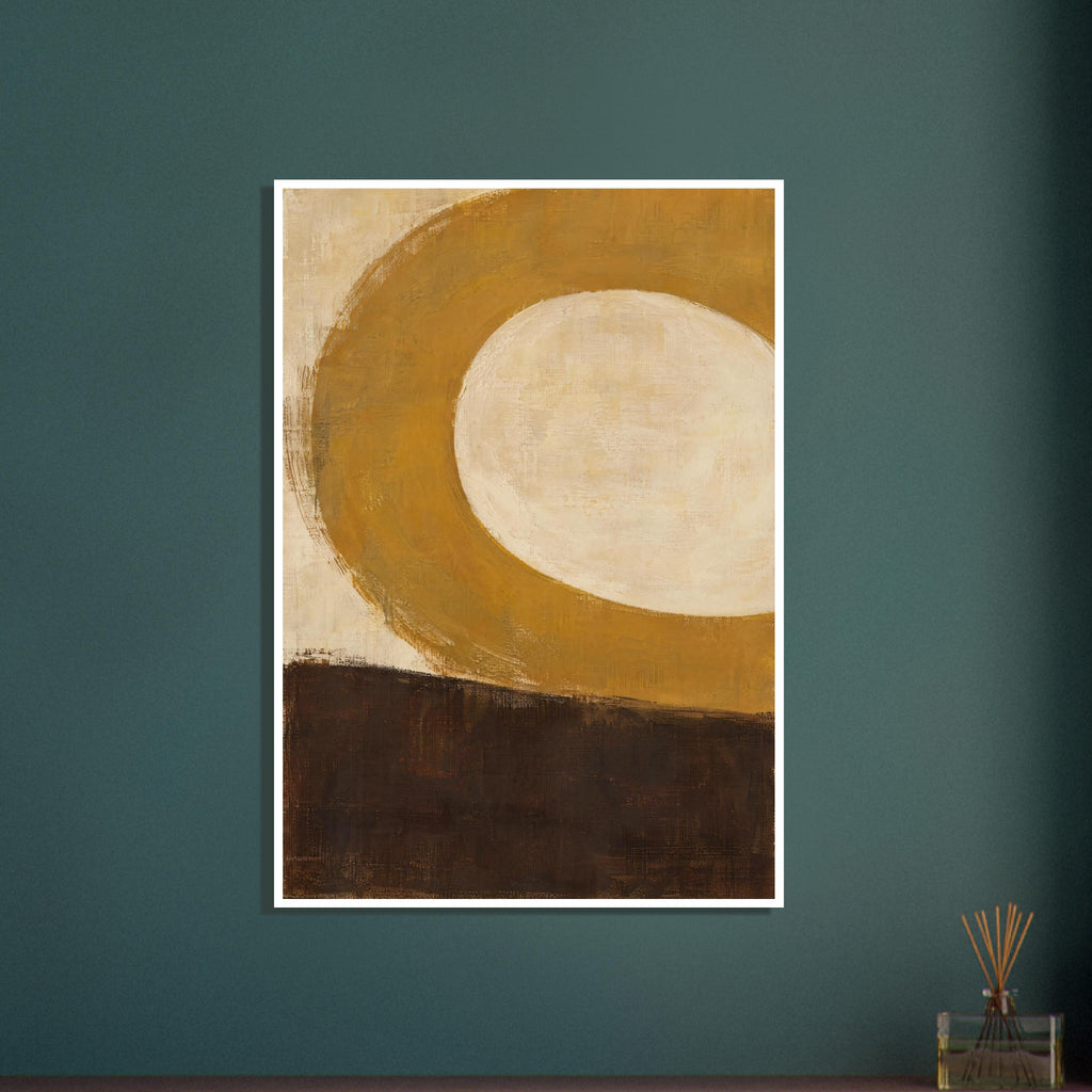 Broad ochre curve surrounding a rounded cream centre above a deep brown block, with visible brush marks throughout.