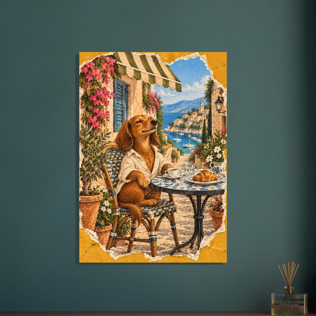 Golden-brown dog in a cream shirt at a café table with coffee and a croissant, overlooking a flower-lined harbour.