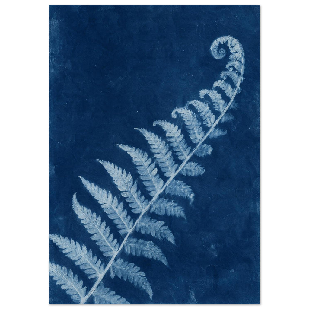 Pale blue fern frond with a curled tip extending diagonally across a textured deep blue background.