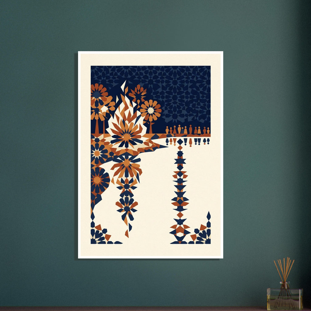 Geometric lakeside bonfire with small figures, starburst shapes and angular reflections in navy, orange and cream.