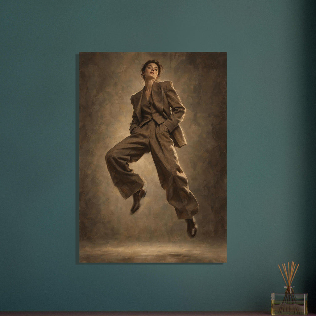 Suit in Suspension, a full-length model caught mid-jump in an oversized brown trouser suit against a sand-toned studio backgr