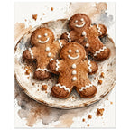 Watercolour painting of three iced gingerbread men on a rustic plate