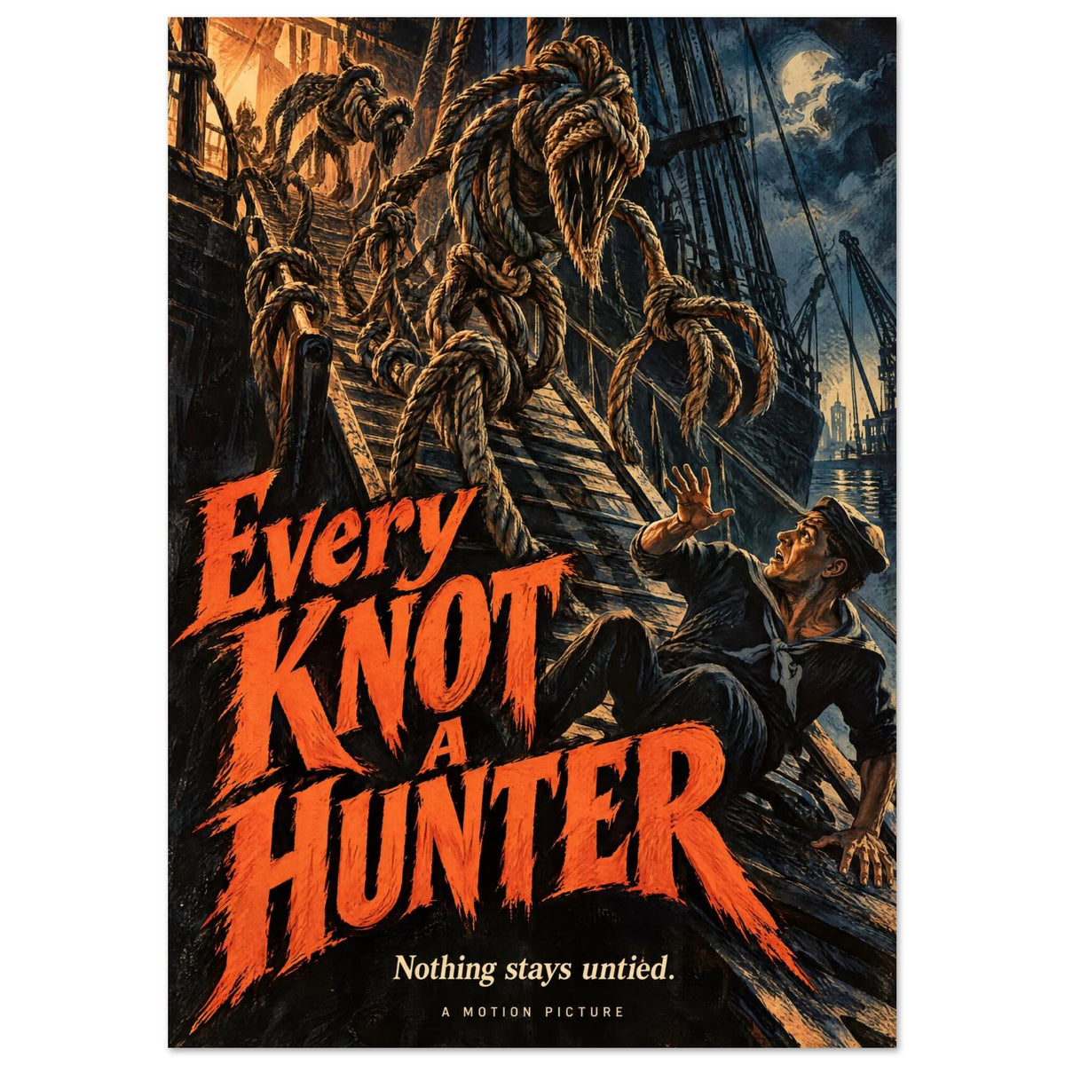 Rope monsters tower over a frightened sailor on a ship, with orange ‘Every Knot a Hunter’ lettering below.