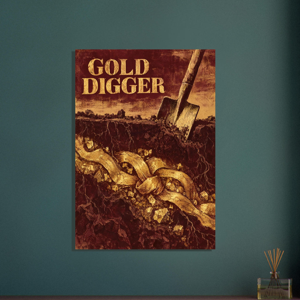 Gold Digger lettering above a spade in dark earth, with oversized golden chain links, nuggets and exposed roots below.