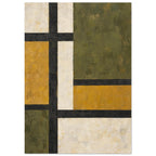 Geometric rectangles in olive green, mustard yellow and cream, divided by thick black bands with visible brush marks.
