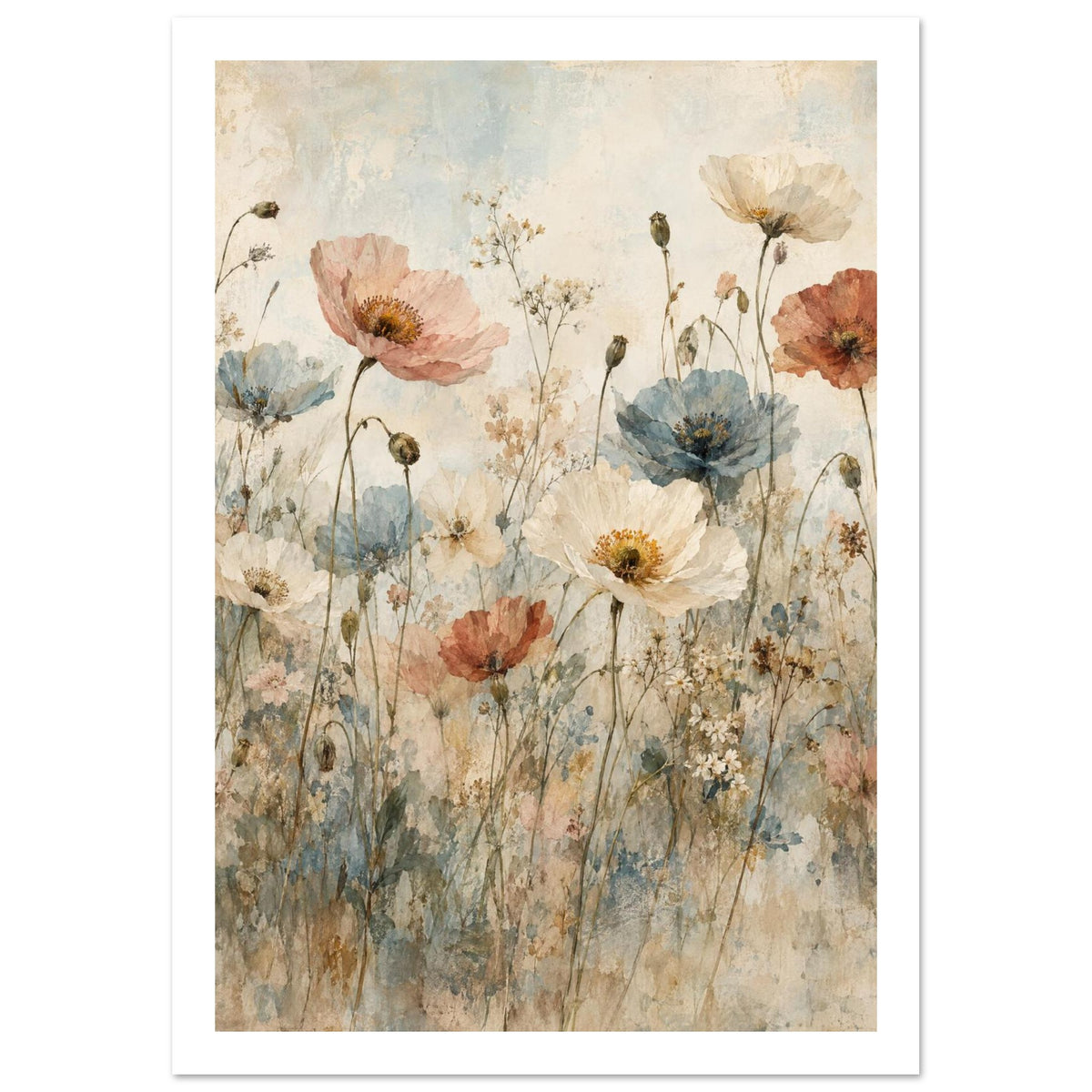 Poppy Meadow Watercolour Art Print – White Border