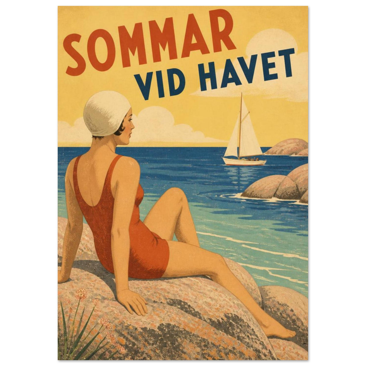 Seaside Swimmer Retro Art Print