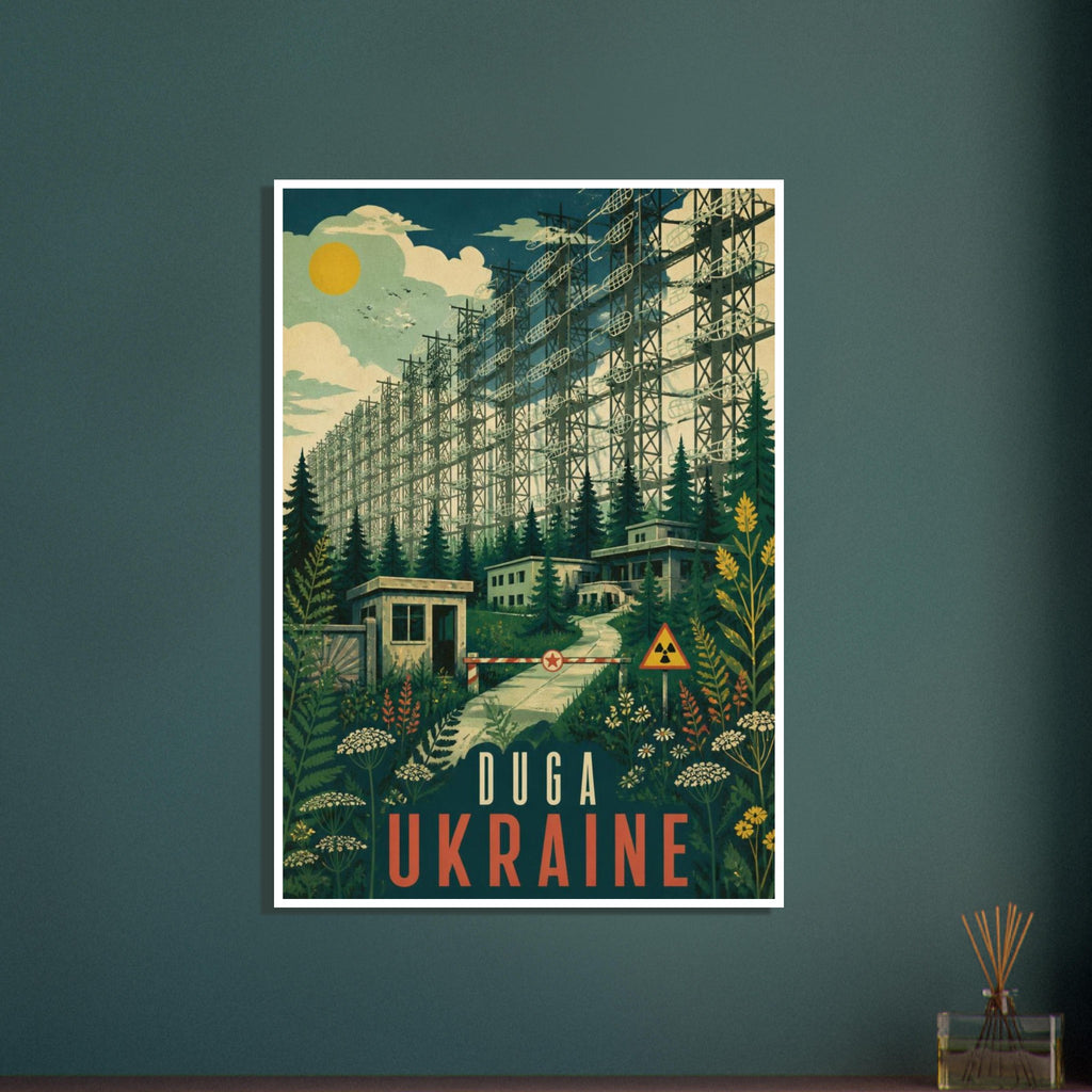 Duga radar array above forest buildings, a barrier and radiation sign, with wildflowers and bold Duga Ukraine lettering.
