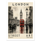 Red double-decker bus and black taxis on a wet street beneath Big Ben, with pedestrians and a cream London text border.