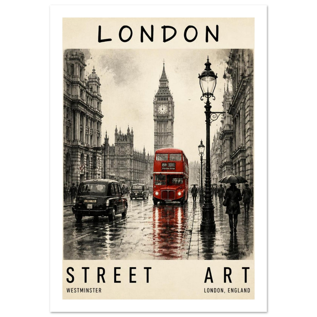 Red double-decker bus and black taxis on a wet street beneath Big Ben, with pedestrians and a cream London text border.