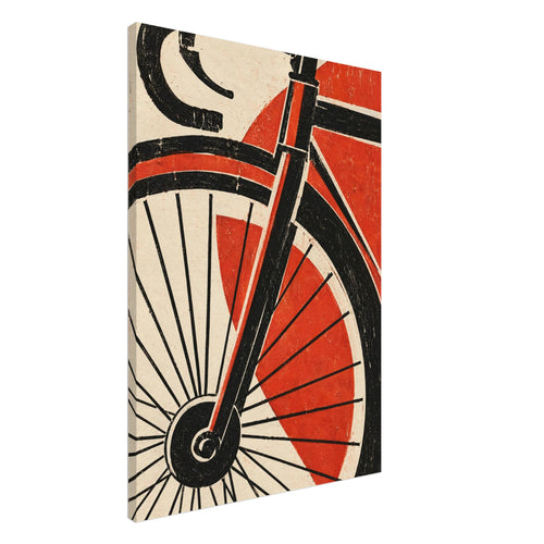 Bicycle front wheel, fork and drop handlebar in black against red geometric shapes and a distressed cream background.