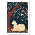 Fox And Pear Tree Folk Art Print – White Border