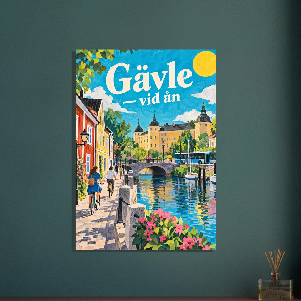 Gävle vid ån med Gavleån, slottet, Gamla Gefles trähus, cyklister och en buss i klippt papper.