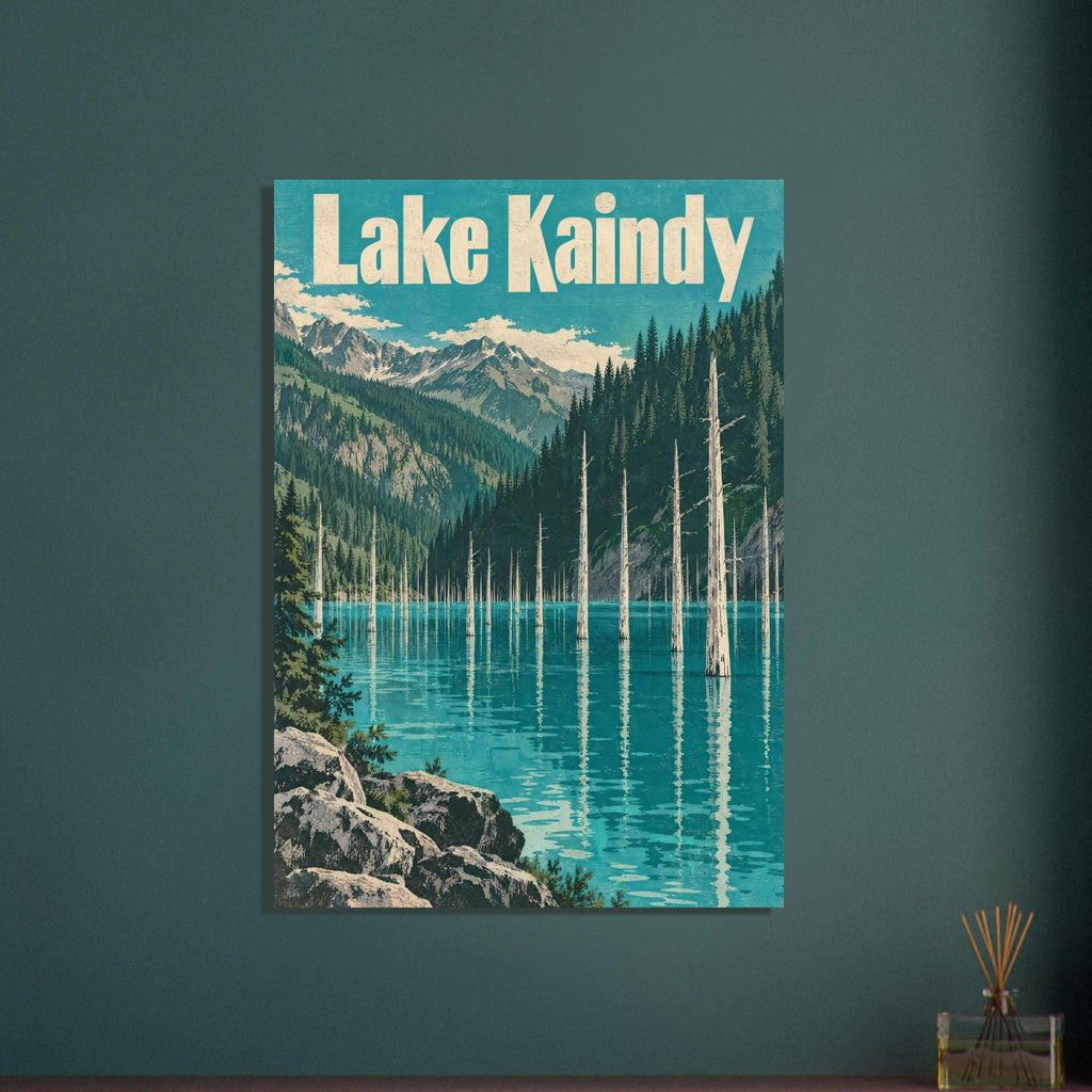 Lake Kaindy travel poster with turquoise water, bare tree trunks, forested mountains and large cream lettering.