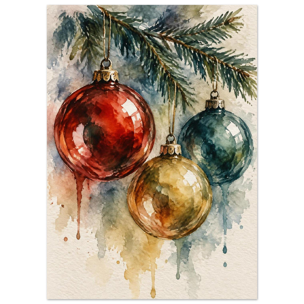 Watercolour painting of three vintage glass Christmas baubles hanging from a spruce twig
