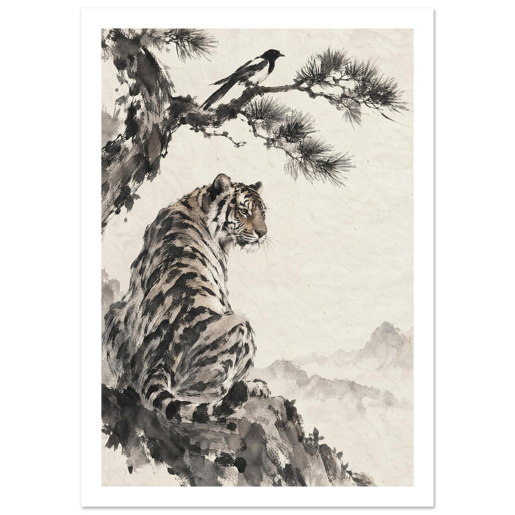 Tiger seated on a rocky ledge beneath a magpie on a pine branch, with pale mountains against a warm cream background.