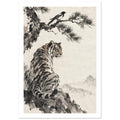 Tiger seated on a rocky ledge beneath a magpie on a pine branch, with pale mountains against a warm cream background.